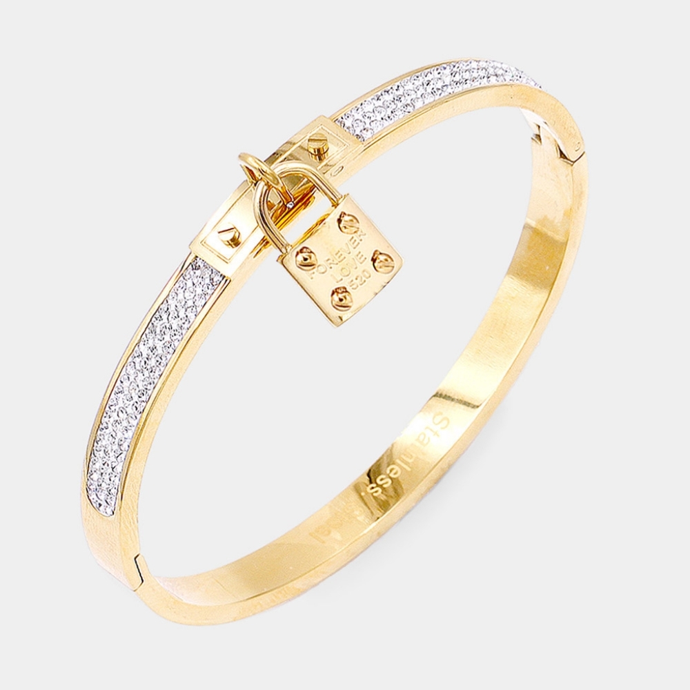 Gold Stainless Steel Metal Lock FOREVER LOVE Crystal Bangle Evening Bracelet